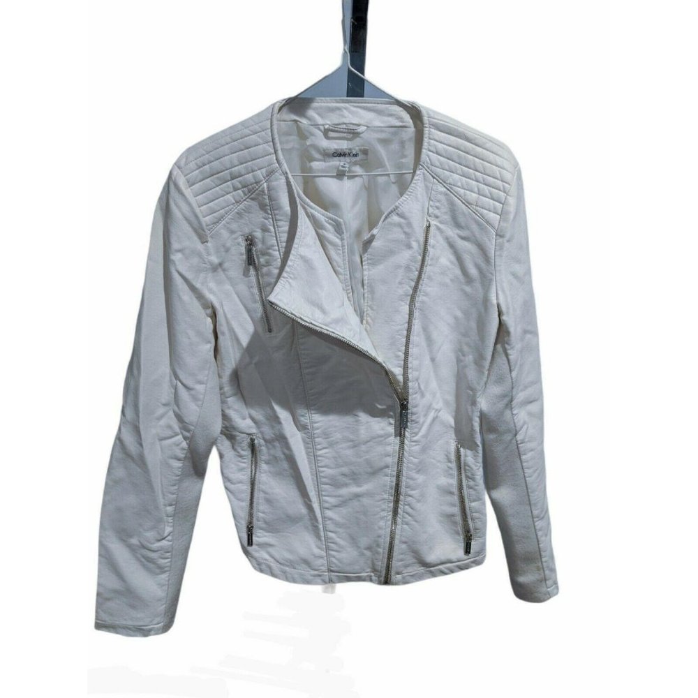 Calvin Klein White Faux Leather Motorcycle Jacket